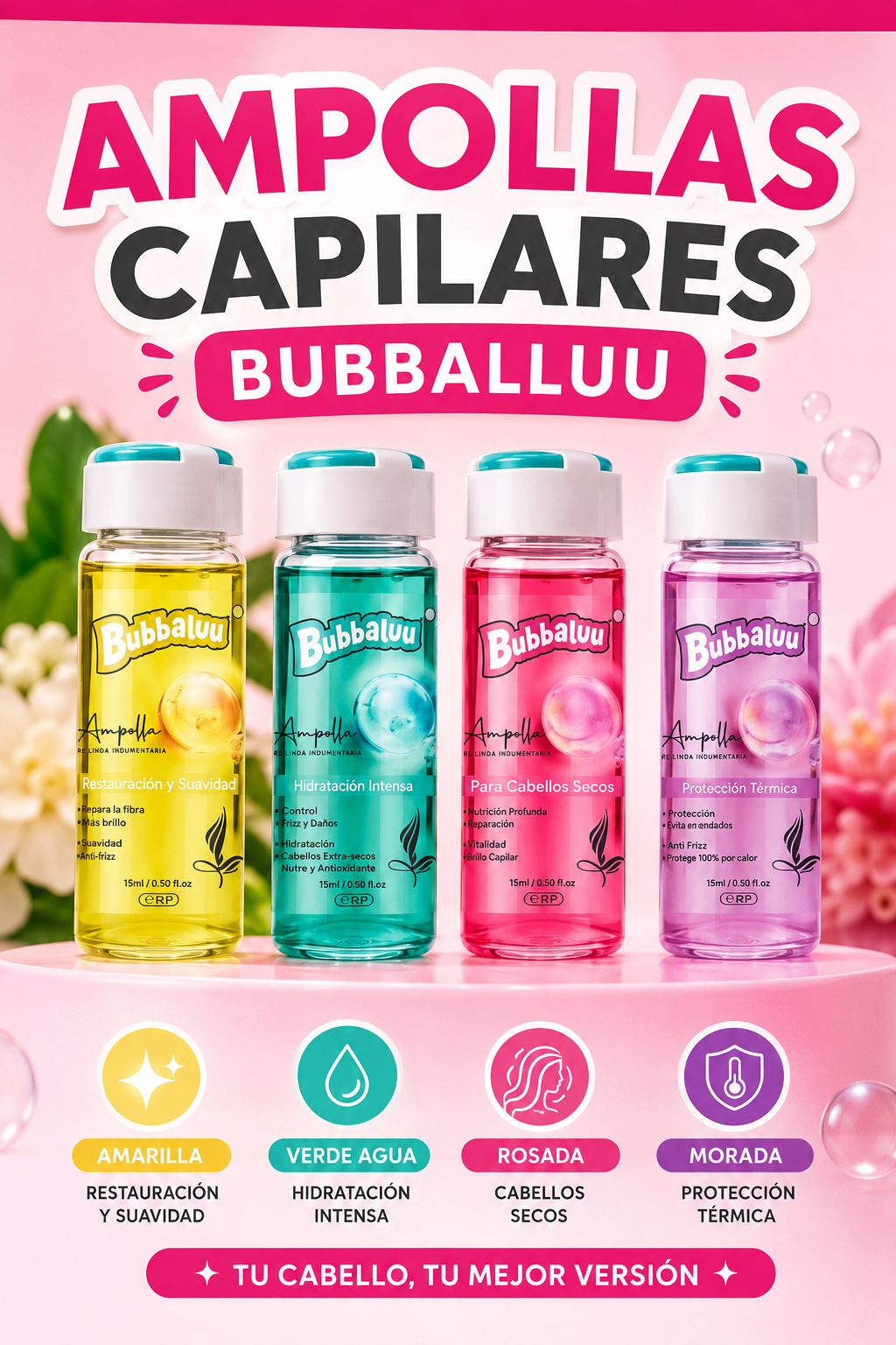 💖 Pack x4 Ampollas Capilares BUBBALLUU – Tratamiento Completo