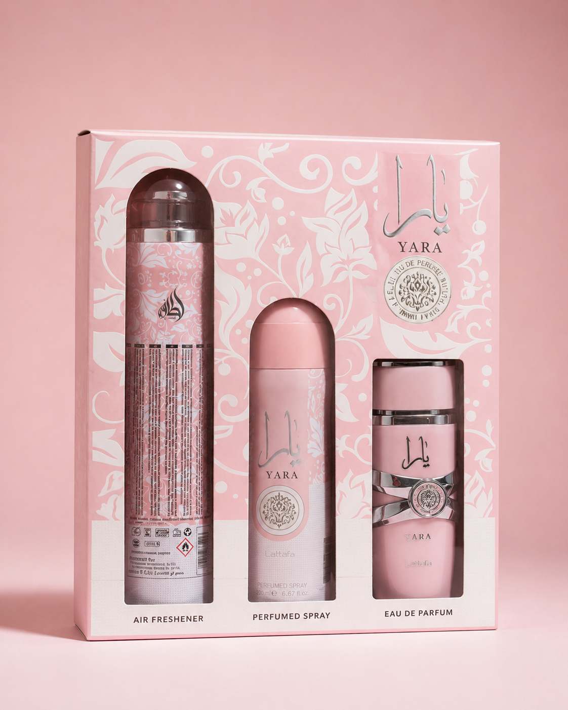 Kit Yara Lattafa 3 Piezas – Perfume + Body Spray + Air Freshener